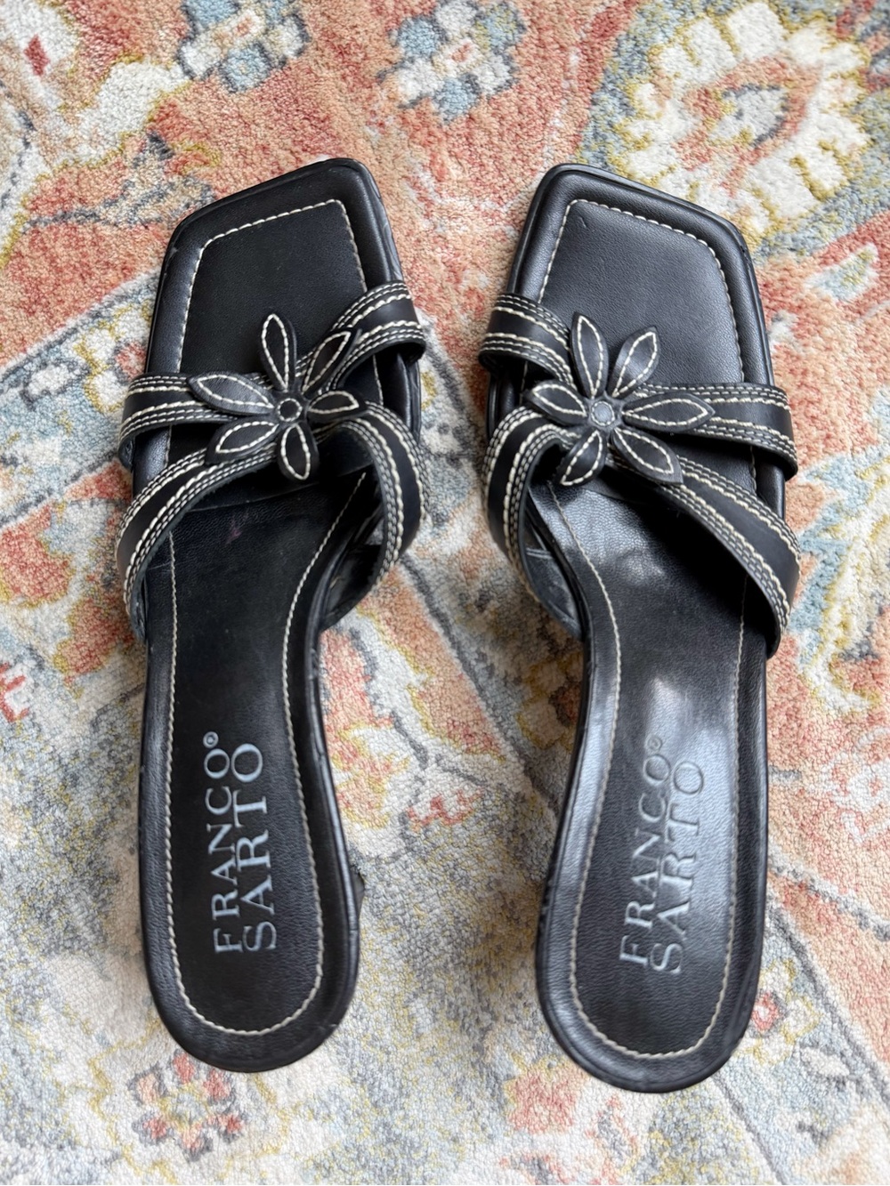 VTG Y2K 90s Franco Sarto Black Leather Square Toe Mule Heel Sandal US7.5 Fairy - Picture 2 of 8